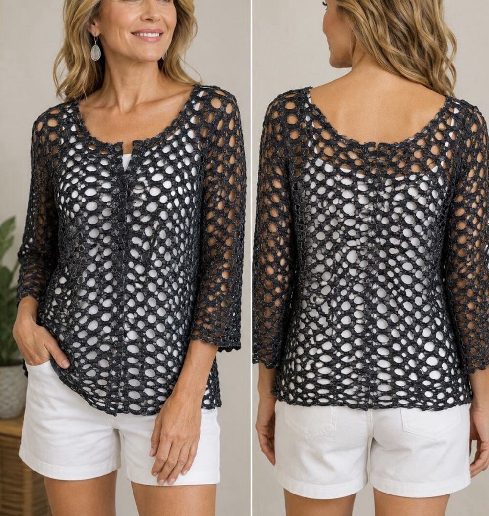 Lulu B Gray Laser Cut Top Size XL 3/4 Sleeves Buttons Lagenlook Whimsygoth
